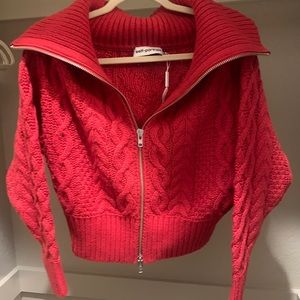 Self-Portrait Red Cable Knit Cropped Cardigan